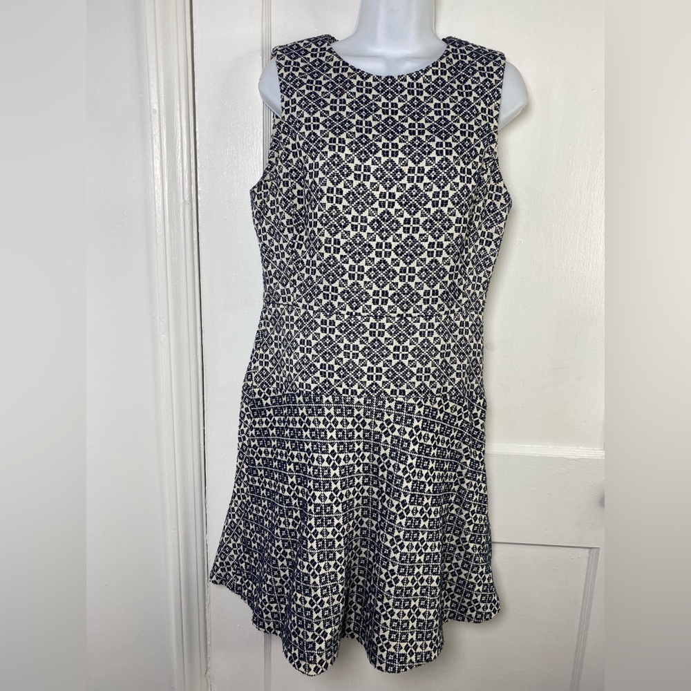 Tory Burch Burlap Navy and White Geometric Fit & Flare Mini Dress
